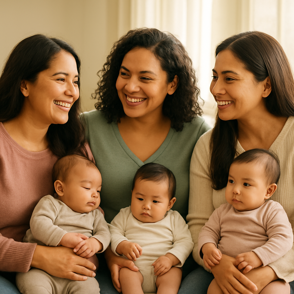 Grupo de madres compartiendo y apoyándose en un espacio cálido y luminoso