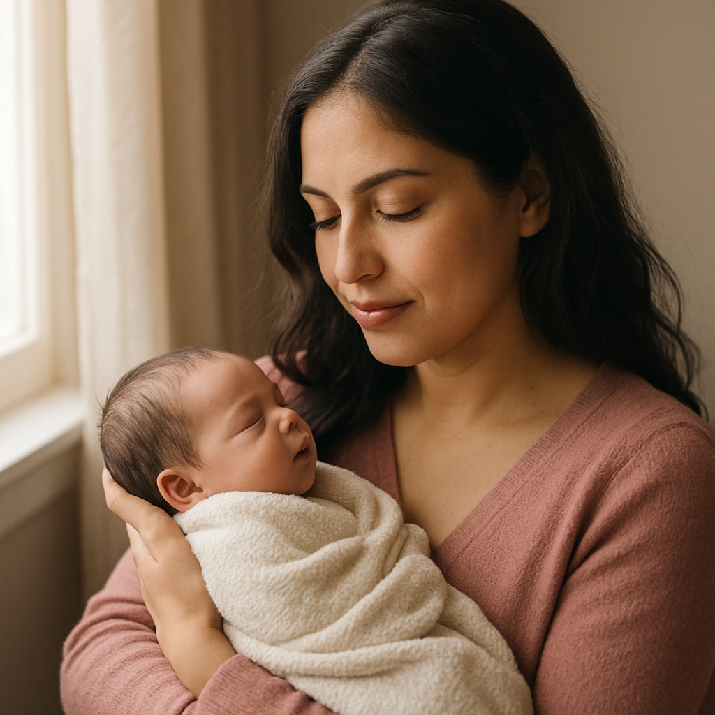 Madre sosteniendo con ternura a su bebé recién nacido junto a una ventana con luz suave